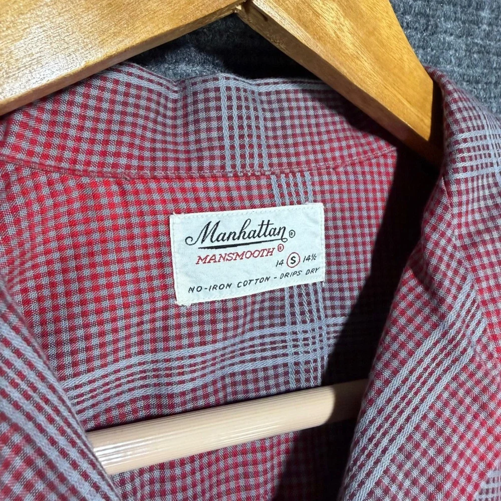 VTG 60s Manhattan Mansmooth Red Shadow Plaid Loop Collar Cotton Shirt Mens Small